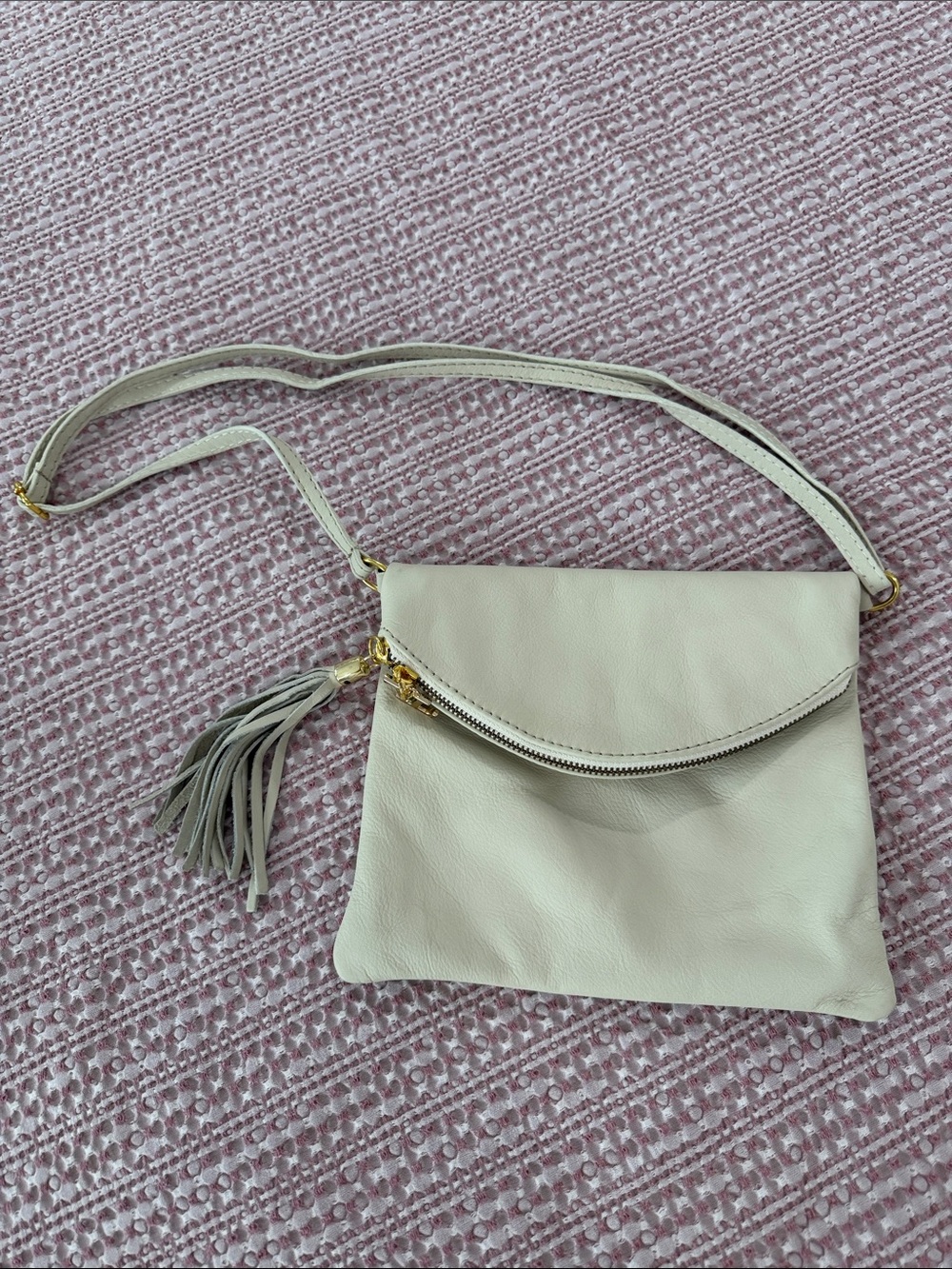Cream Leather Crossbody Bag with Tassel Accent